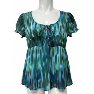 ANA A New Approach Womens Babydoll Tunic Top Size L Green Blue Sheer Flowy FLAW